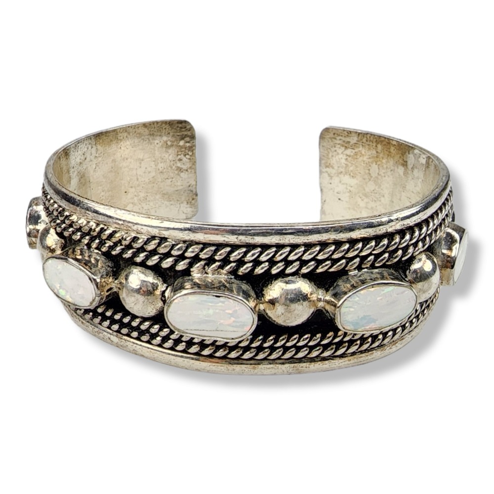Vintage Cuff Bracelet Sterling Silver 925 6in White Opal Twisted Wire Mexico